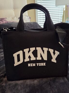 DKNY Black Canvas Messenger Tote with White Logo
